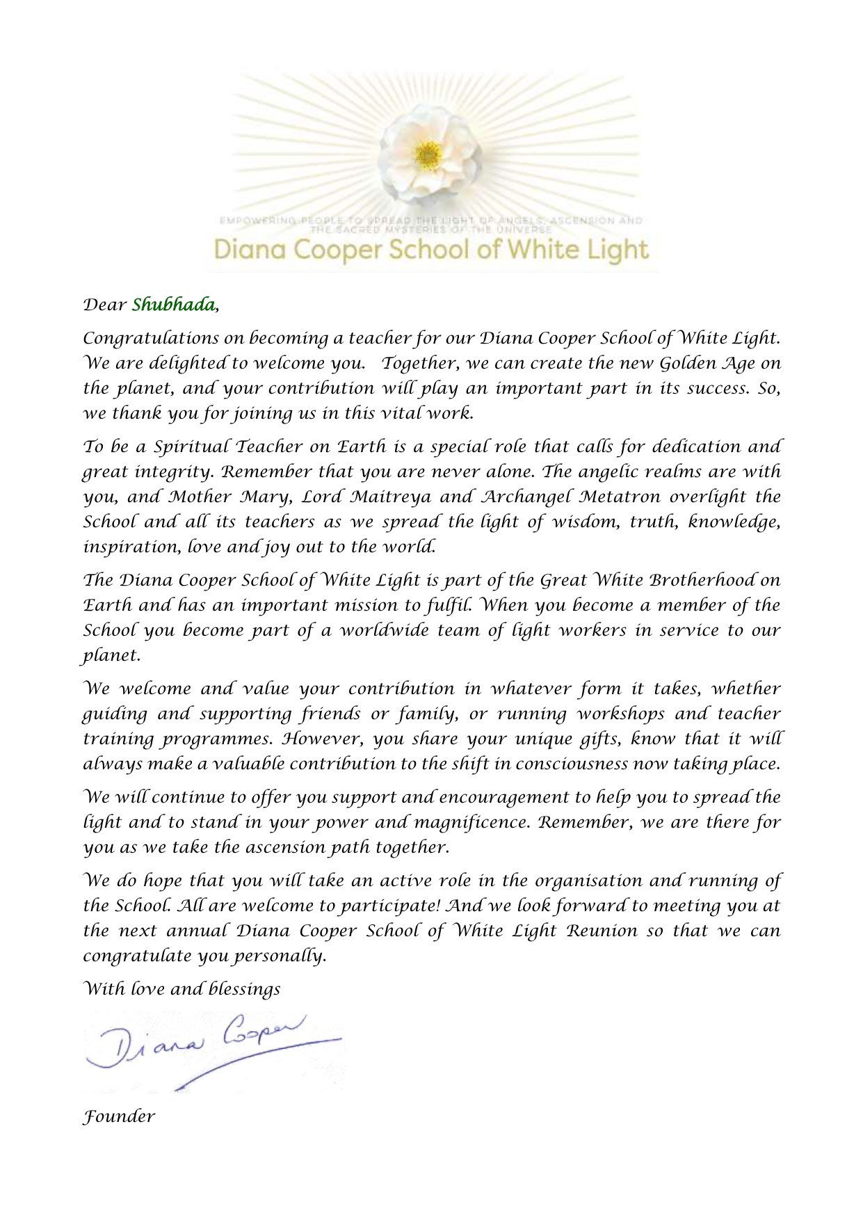 Letter from Diana certificate